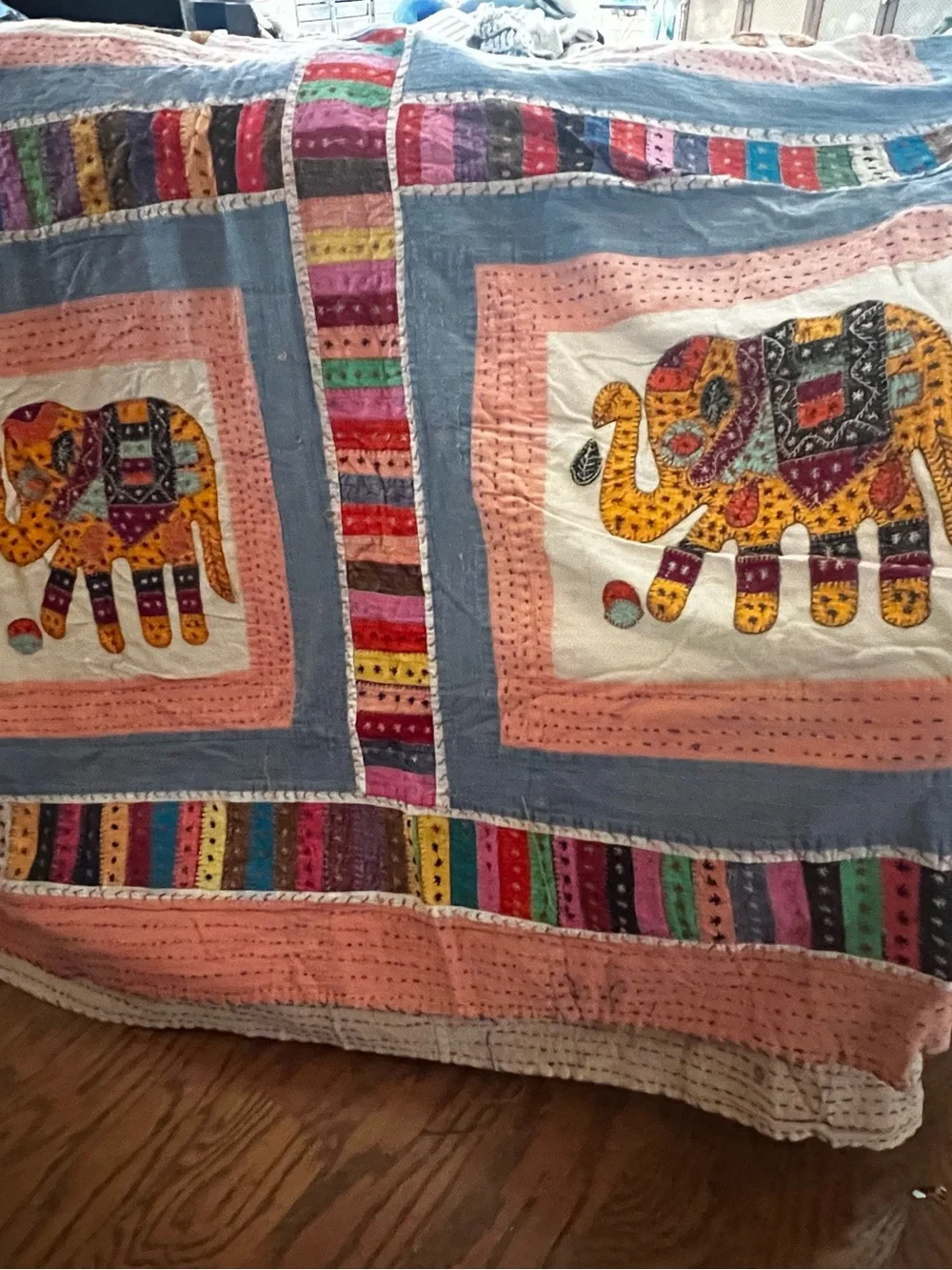 Handmade Multicolor Elephant Patchwork Quilt - Peach & Blue